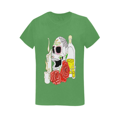 Day Of The Dead Sugar Skull Lt Green Women's T-Shirt in USA Size (Two Sides Printing)