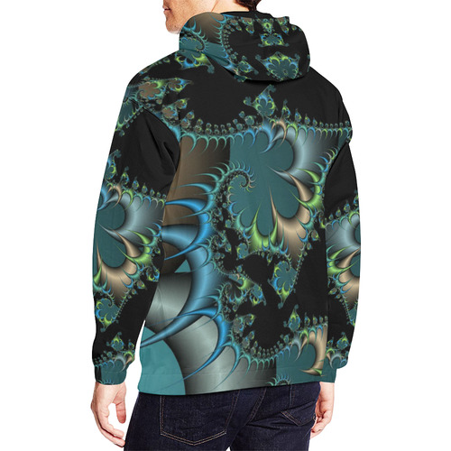 Fractal Attraction Men's Black, Green, Blue Elegance Hoodie Pullover Sweatshirt All Over Print Hoodie for Men/Large Size (USA Size) (Model H13)