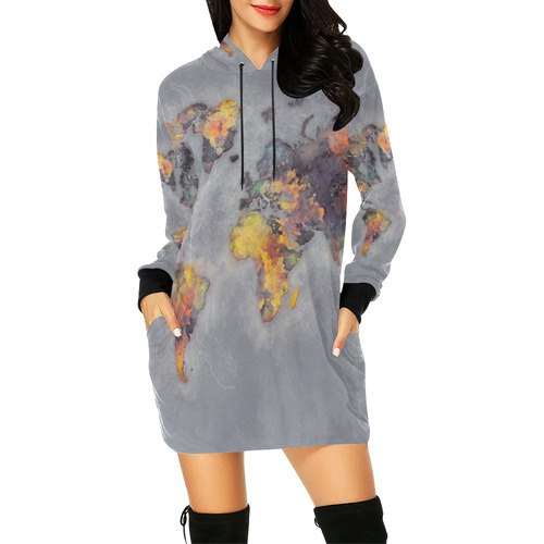 world map grey #map #worldmap All Over Print Hoodie Mini Dress (Model H27)