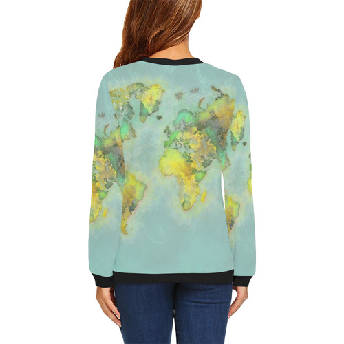 world map green #map #worldmap All Over Print Crewneck Sweatshirt for Women (Model H18)