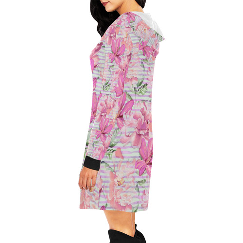 Watercolor Flowers Stripes Wallpaper 01 All Over Print Hoodie Mini Dress (Model H27)