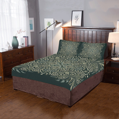 Brown Green Gold Pearl Jewel Vintage Mandala 3-Piece Bedding Set