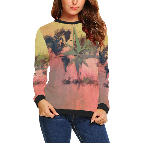 world map wind rose #map #worldmap All Over Print Crewneck Sweatshirt for Women (Model H18)