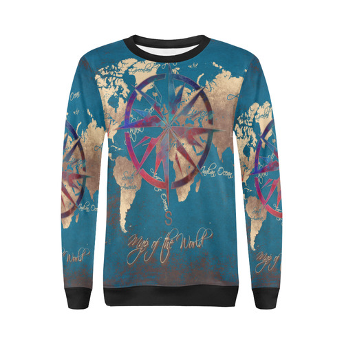 world map wind rose #map #worldmap All Over Print Crewneck Sweatshirt for Women (Model H18)