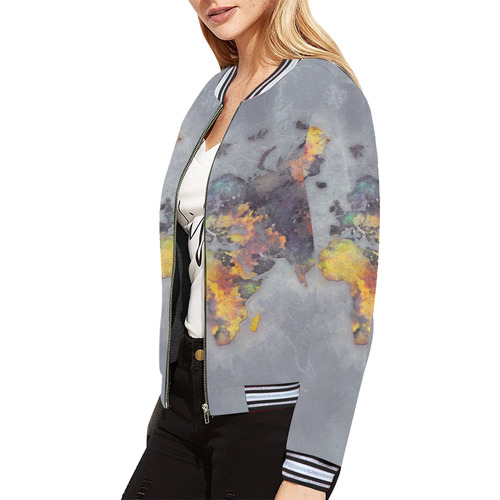 world map grey #map #worldmap All Over Print Bomber Jacket for Women (Model H21)