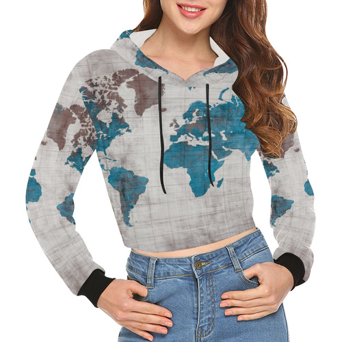 world map All Over Print Crop Hoodie for Women (Model H22)