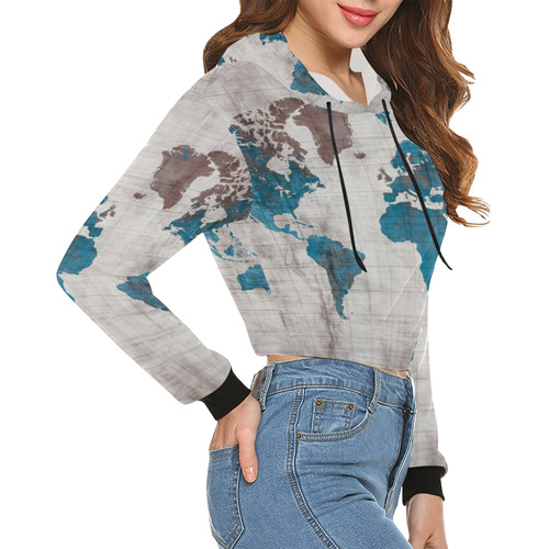 world map All Over Print Crop Hoodie for Women (Model H22)