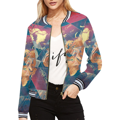 world map All Over Print Bomber Jacket for Women (Model H21)