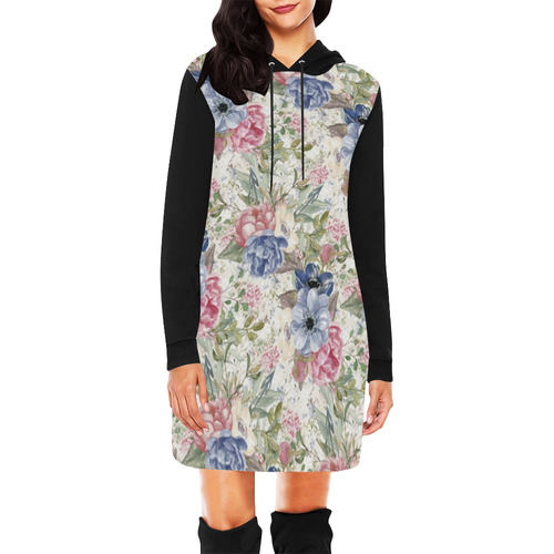 Watercolor Vintage Flowers Pattern 01 All Over Print Hoodie Mini Dress (Model H27)