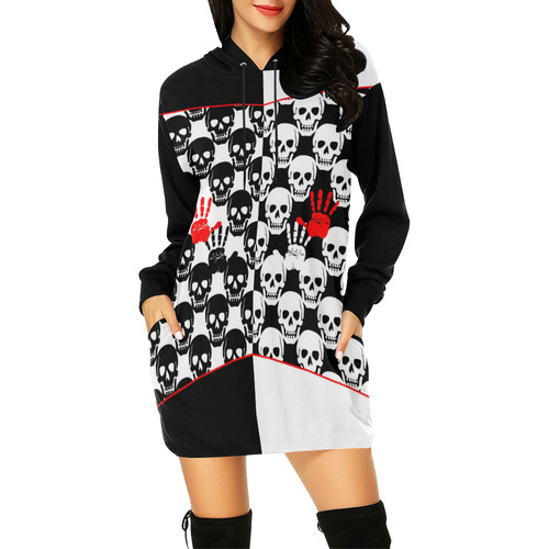 Skulls and Hands - black and white II All Over Print Hoodie Mini Dress (Model H27)