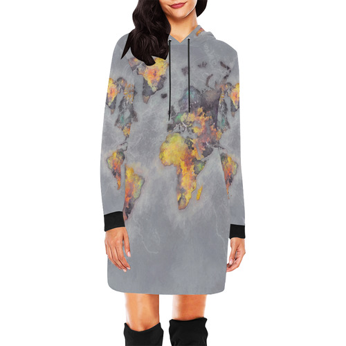 world map grey #map #worldmap All Over Print Hoodie Mini Dress (Model H27)