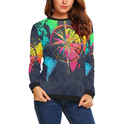 world map wind rose #map #worldmap All Over Print Crewneck Sweatshirt for Women (Model H18)