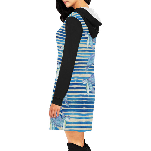 Turtles On Watercolor Stripes Grunge blue All Over Print Hoodie Mini Dress (Model H27)