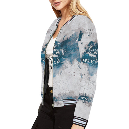 world map OCEANS and continents All Over Print Bomber Jacket for Women (Model H21)