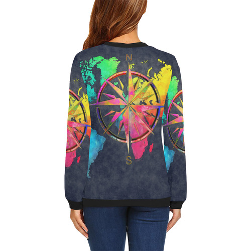 world map wind rose #map #worldmap All Over Print Crewneck Sweatshirt for Women (Model H18)