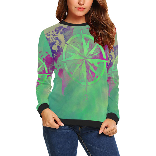 world map wind rose #map #worldmap All Over Print Crewneck Sweatshirt for Women (Model H18)