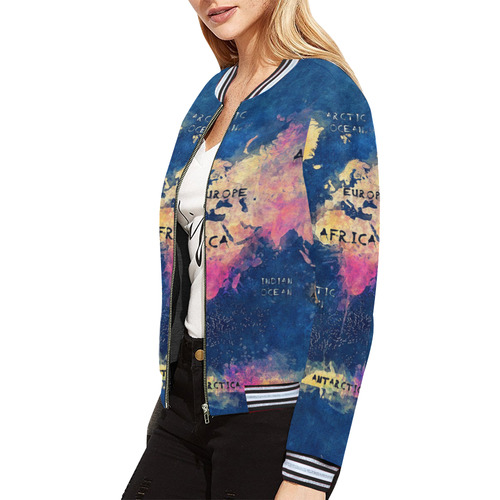 world map oceans and continents All Over Print Bomber Jacket for Women (Model H21)