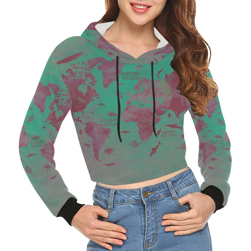 world map #world #map All Over Print Crop Hoodie for Women (Model H22)