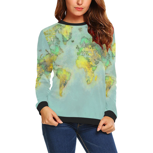 world map green #map #worldmap All Over Print Crewneck Sweatshirt for Women (Model H18)