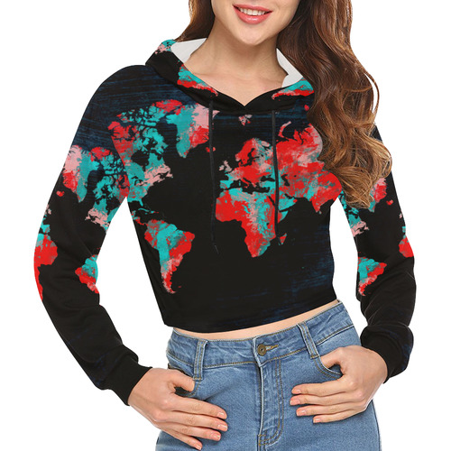 world map All Over Print Crop Hoodie for Women (Model H22)