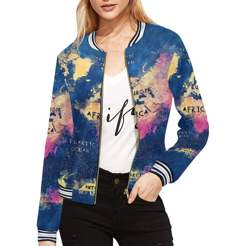 world map oceans and continents All Over Print Bomber Jacket for Women (Model H21)