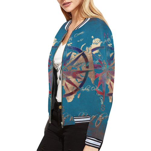 world map wind rose #map #worldmap All Over Print Bomber Jacket for Women (Model H21)