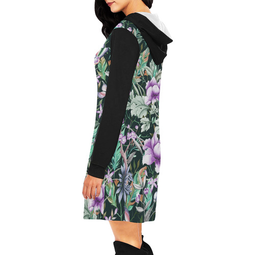 Tropical Flowers Butterflies Feathers Wallpaper 2 All Over Print Hoodie Mini Dress (Model H27)