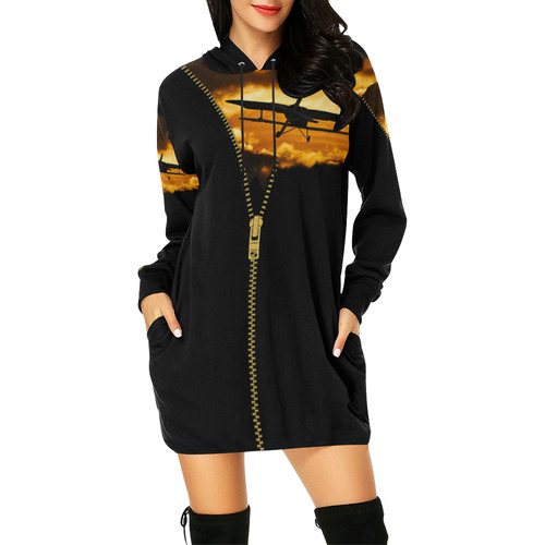 ZIPPER Old Biplane in the Sky All Over Print Hoodie Mini Dress (Model H27)