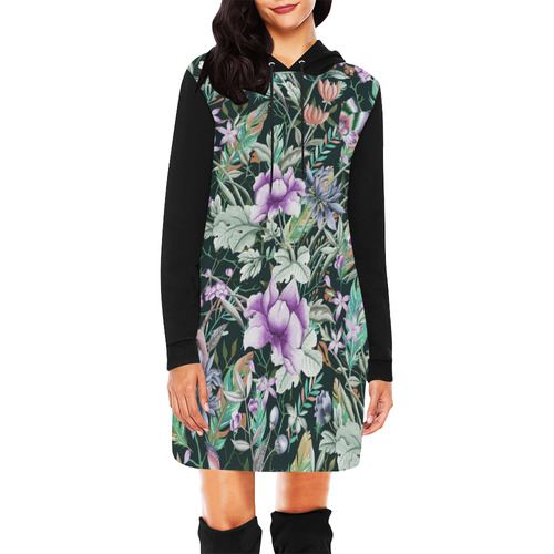 Tropical Flowers Butterflies Feathers Wallpaper 2 All Over Print Hoodie Mini Dress (Model H27)