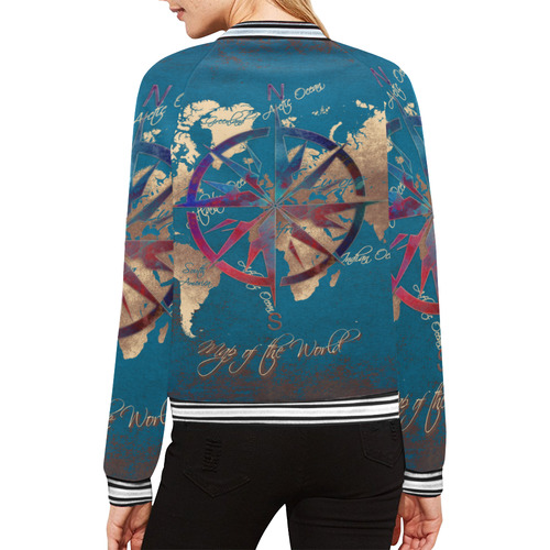 world map wind rose #map #worldmap All Over Print Bomber Jacket for Women (Model H21)