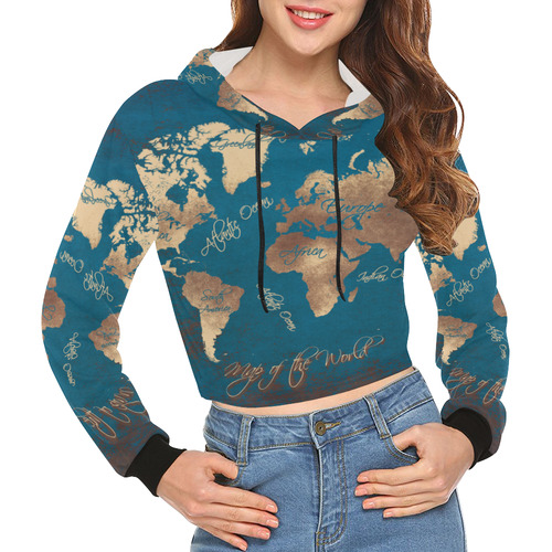 world map All Over Print Crop Hoodie for Women (Model H22)