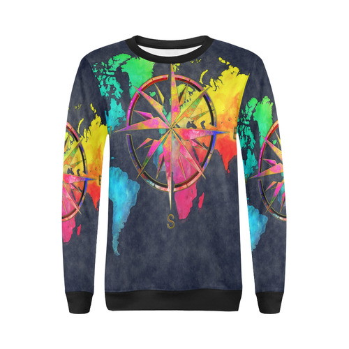 world map wind rose #map #worldmap All Over Print Crewneck Sweatshirt for Women (Model H18)