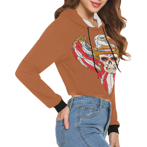 American Eagle Sugar Skull Rust Brown All Over Print Crop Hoodie for Women (Model H22)