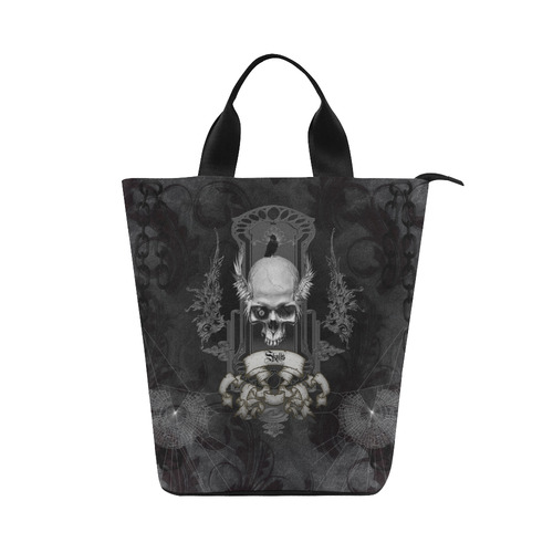 Skull with crow in black and white Nylon Lunch Tote Bag (Model 1670)