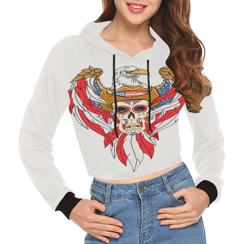 American Eagle Sugar Skull White All Over Print Crop Hoodie for Women (Model H22)