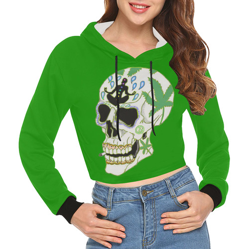 Enlightenment Sugar Skull Green All Over Print Crop Hoodie for Women (Model H22)