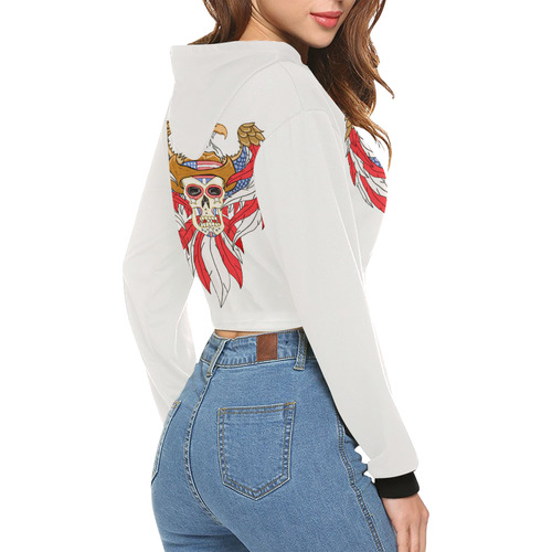 American Eagle Sugar Skull White All Over Print Crop Hoodie for Women (Model H22)