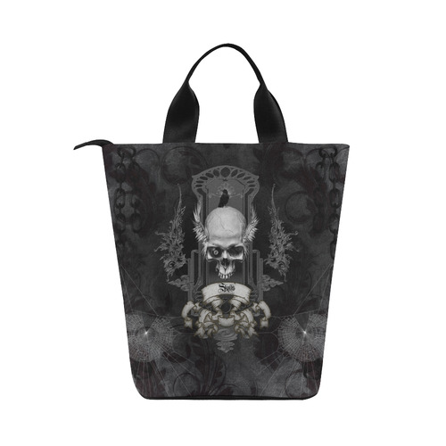 Skull with crow in black and white Nylon Lunch Tote Bag (Model 1670)