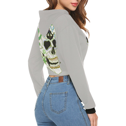 Enlightenment Sugar Skull Grey All Over Print Crop Hoodie for Women (Model H22)