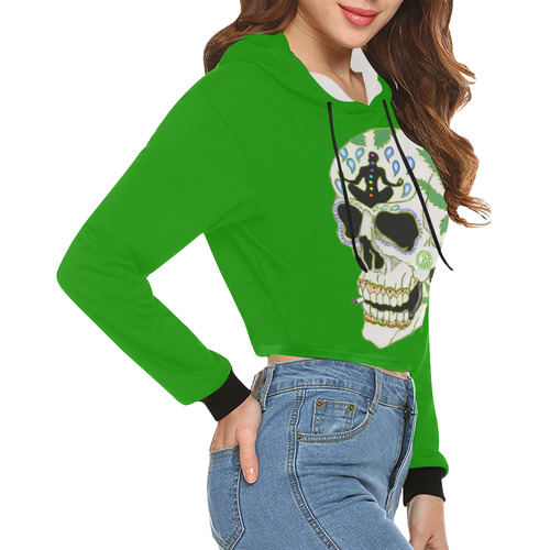 Enlightenment Sugar Skull Green All Over Print Crop Hoodie for Women (Model H22)