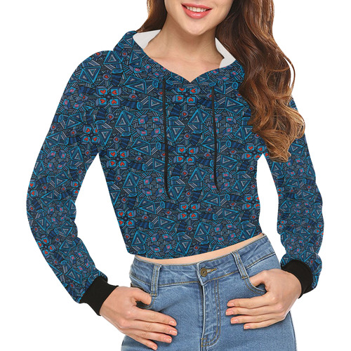 Blue Doodles - Hearts And Smiles All Over Print Crop Hoodie for Women (Model H22)