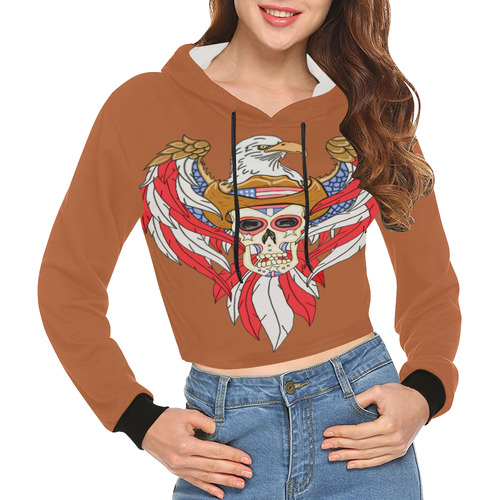 American Eagle Sugar Skull Rust Brown All Over Print Crop Hoodie for Women (Model H22)