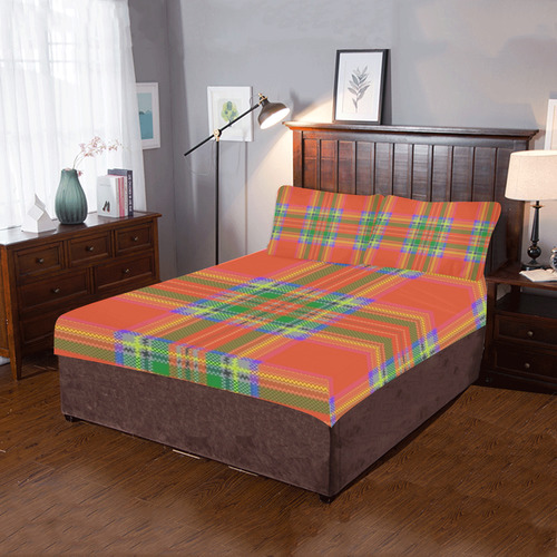 Orange And Green Plaid 3-Piece Bedding Set