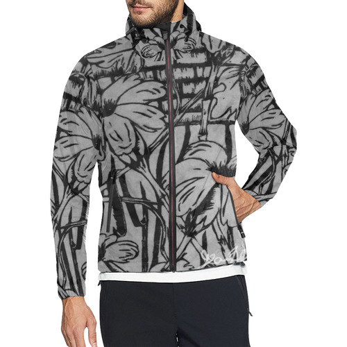 Black and white palm flowers Unisex All Over Print Windbreaker (Model H23)