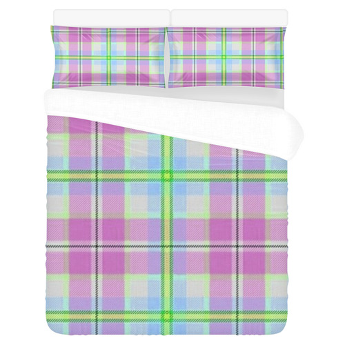 Pink And Blue Plaid 3-Piece Bedding Set