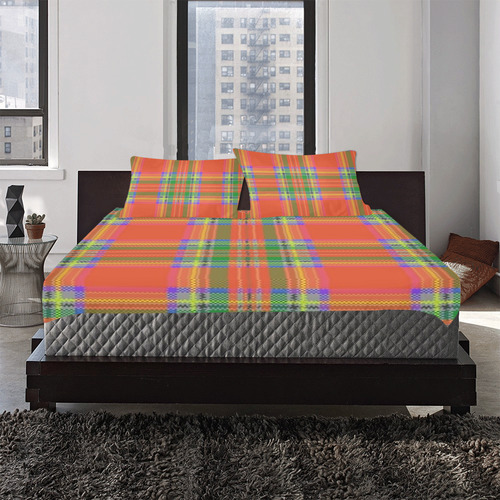 Orange And Green Plaid 3-Piece Bedding Set