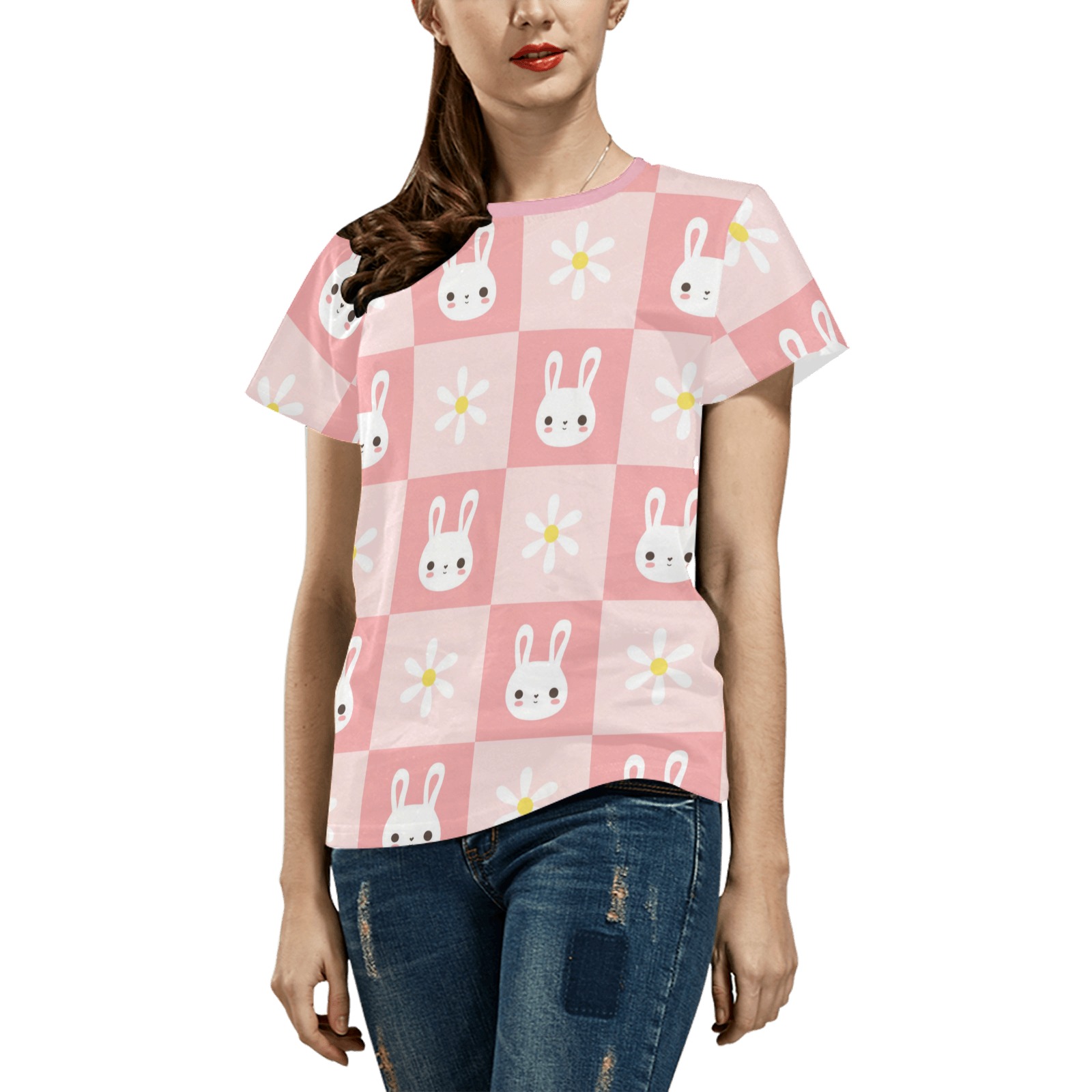 All Over Print T-Shirt for Women (Solid Color Neck) (Model T40)
