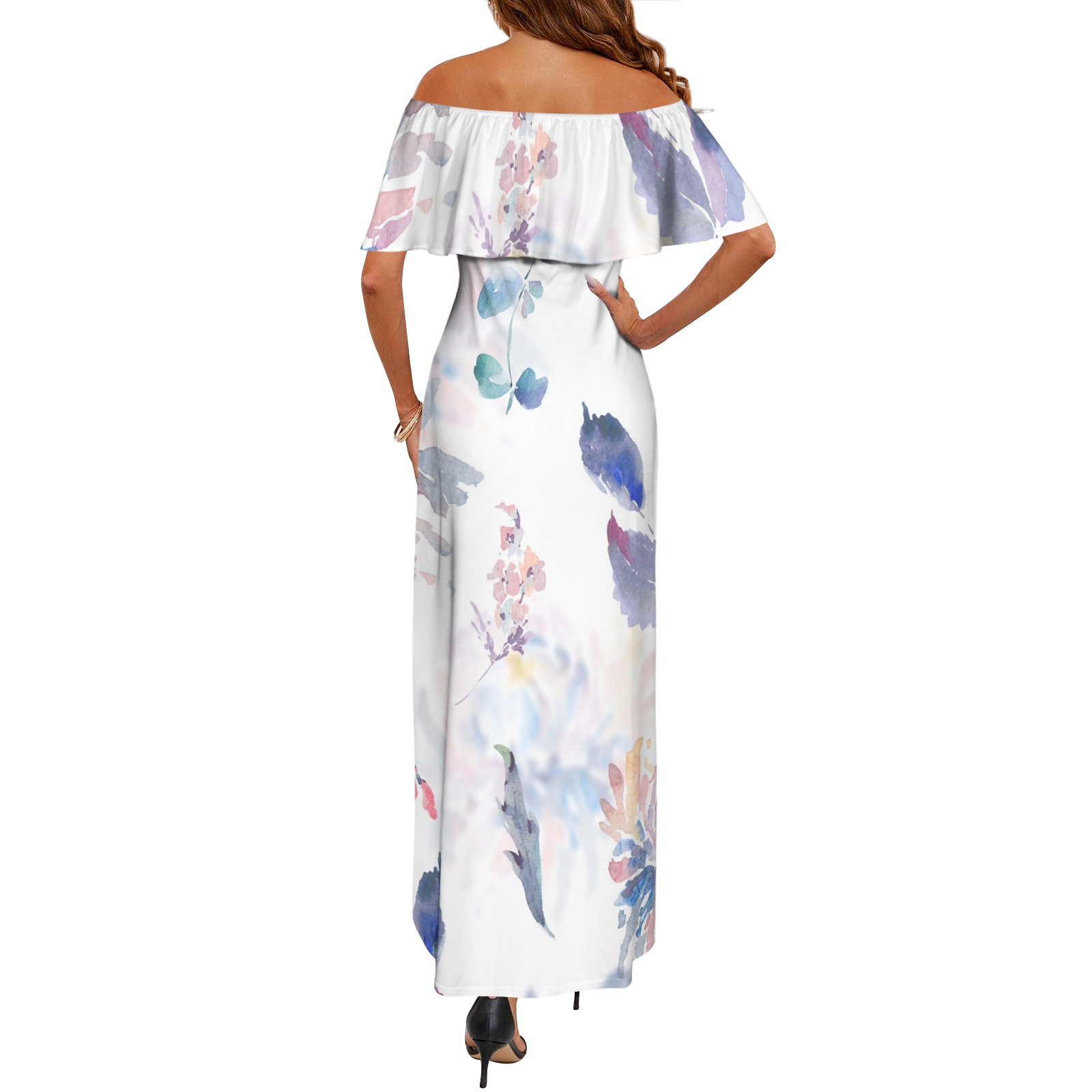 Women's Off Shoulder Ruffle Boat Neck Dress (Model D71)