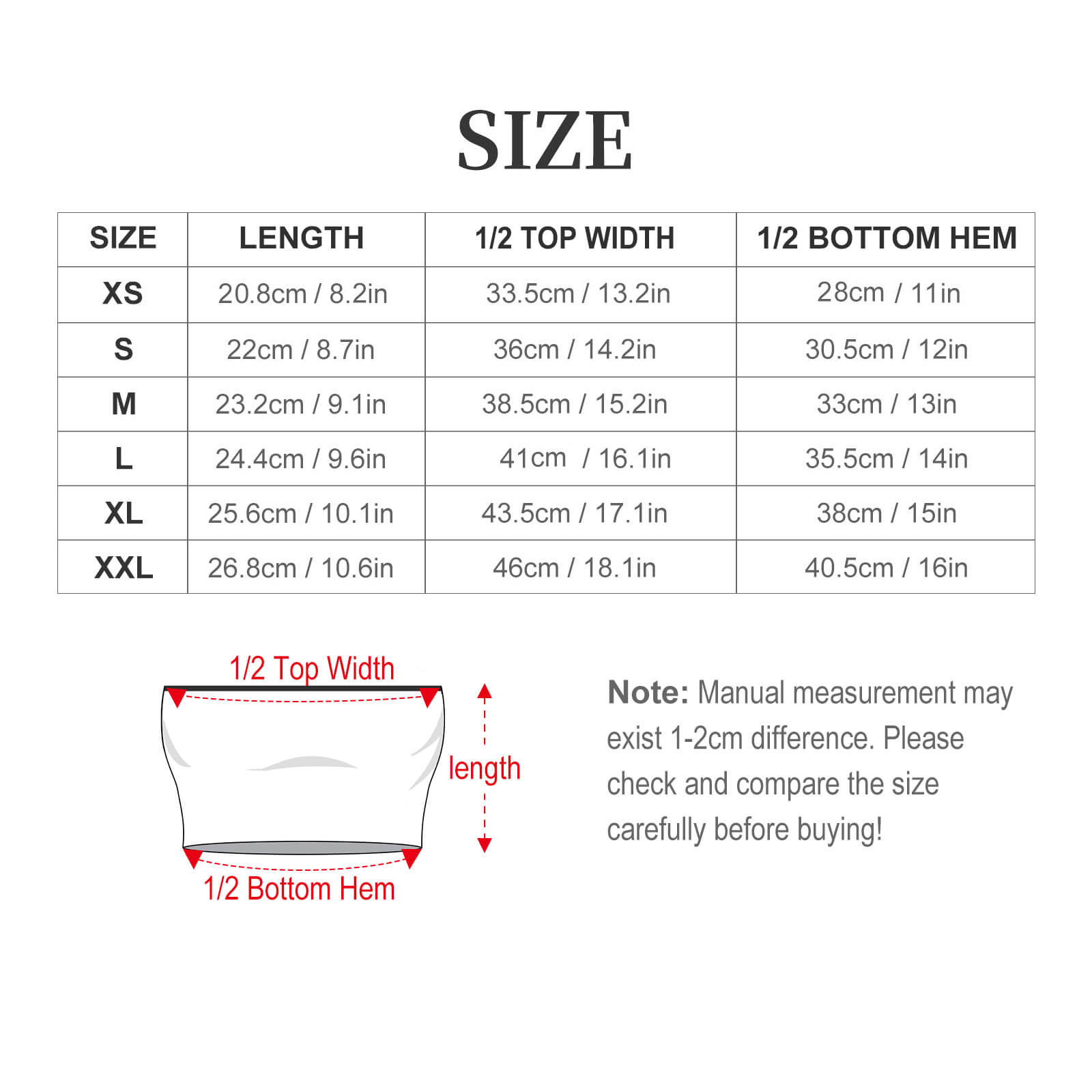 Original bandeau garment diagram and size chart; source XXL label and extra unoffered XS row shown