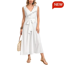 Women's Sleeveless V-Neck Belted Dress